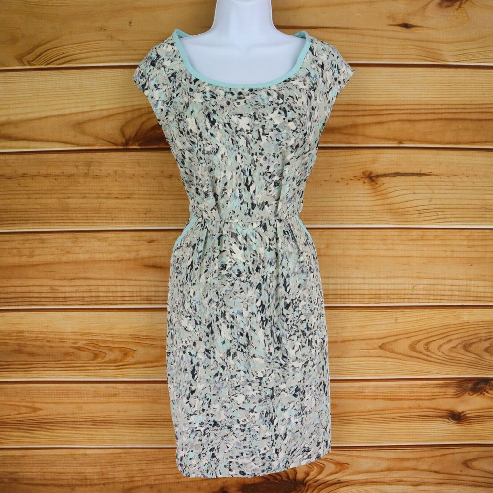 Mossimo Dress Cap Sleeves Womens Sz XS Blue White Geometric Pockets Zip Closure